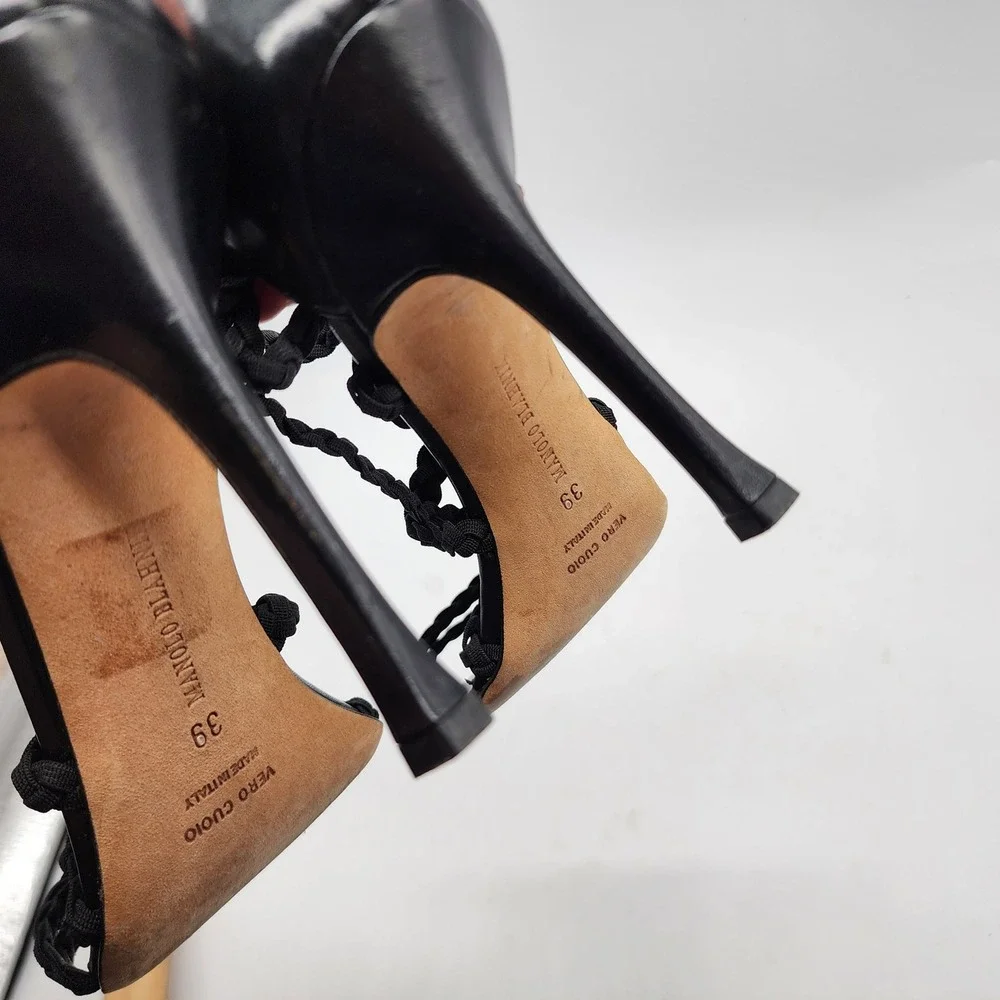 Manolo Blahnik Braided Gladiator Sandal Heels in Black Cotton Women's 39 Strappy